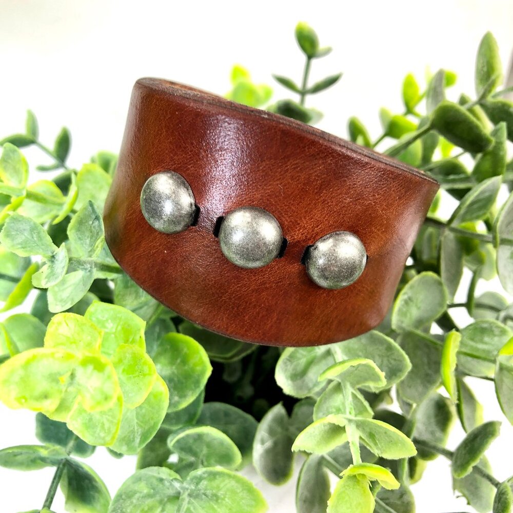 Handmade MishaGirl Genuine Leather Beaded Cuff Bracelet: Metal Studs, Adjustable
